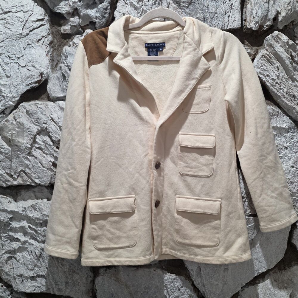 Ralph Lauren Womens Suede Shoulder Riding Blazer Jacket M Cream Long Sleeve